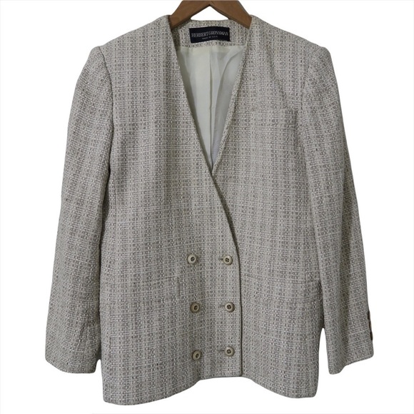 VTG Cream Tweed Blazer Career Union Made Shoulder Pads Herbert Grossman - Picture 1 of 11